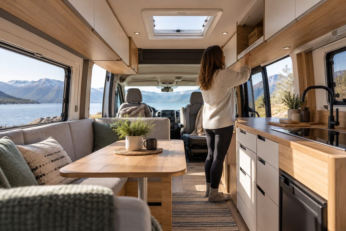 Person reaching overhead storage near a campervan roof light