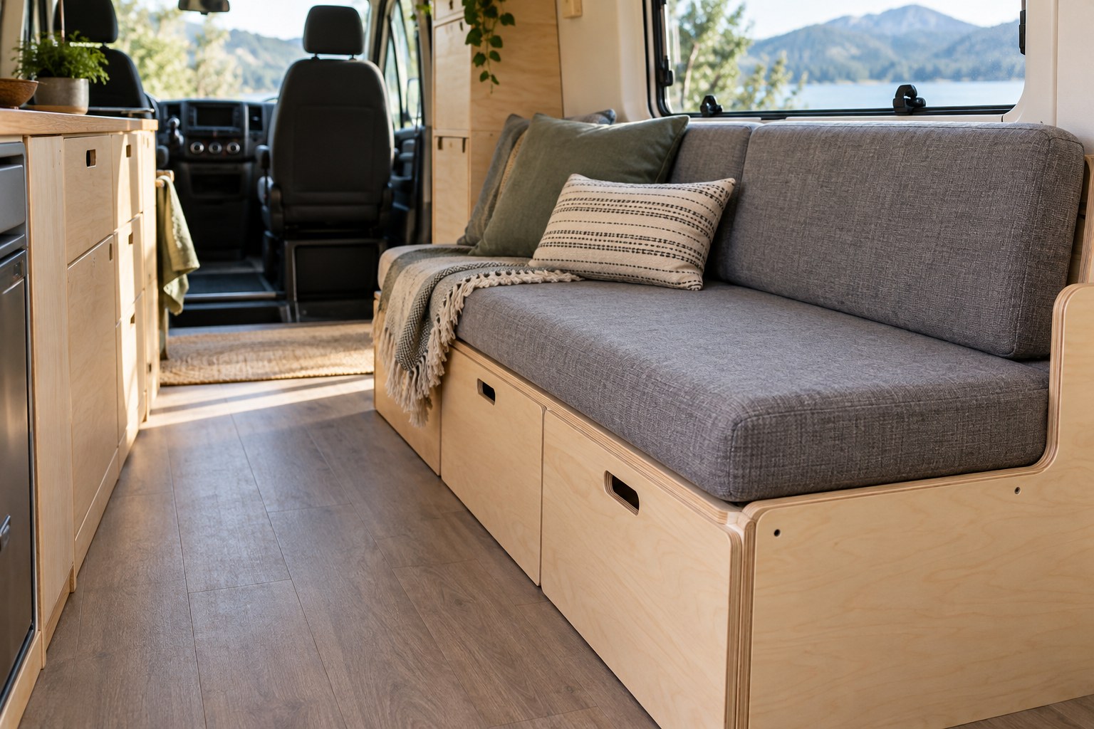 Campervan sofa cushions beside a clear floor area