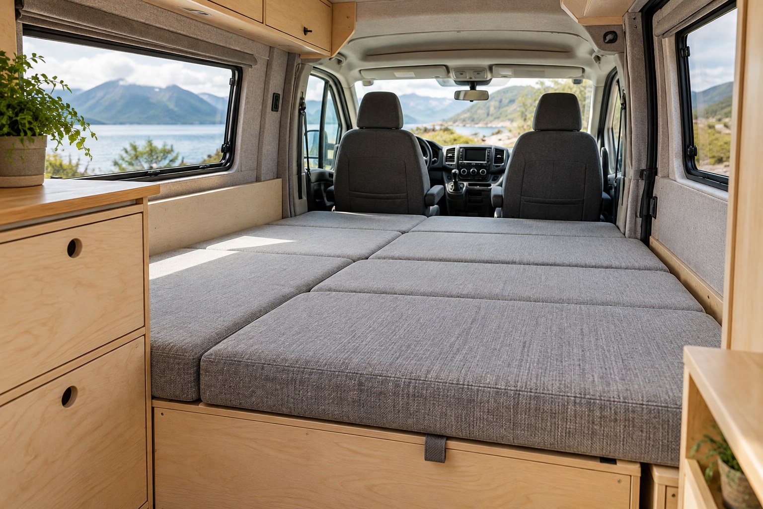 Campervan sofa converted to a flat sleeping surface