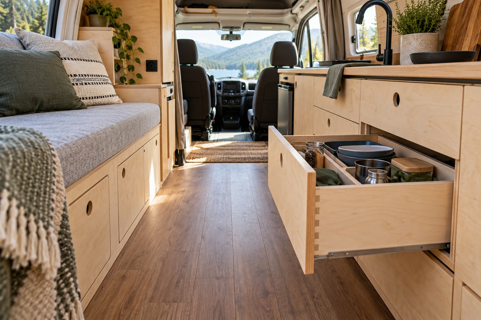 An open drawer beside usable passage space in a van