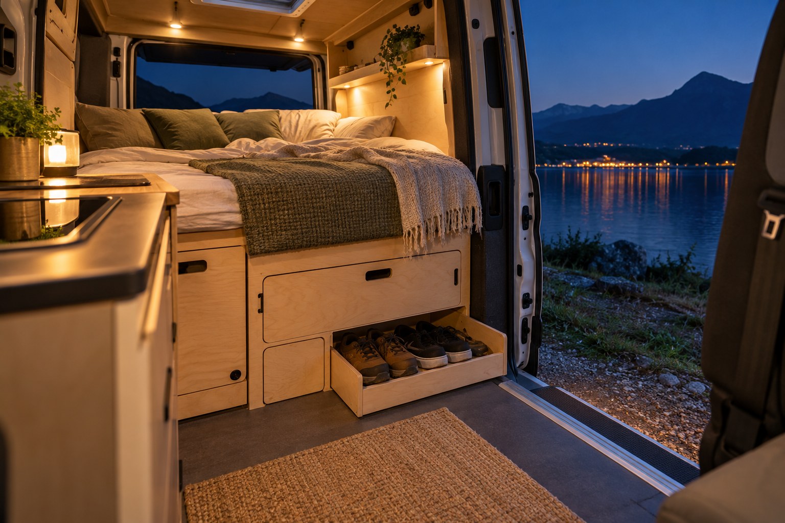 Campervan in night mode with a clear route to the doorway