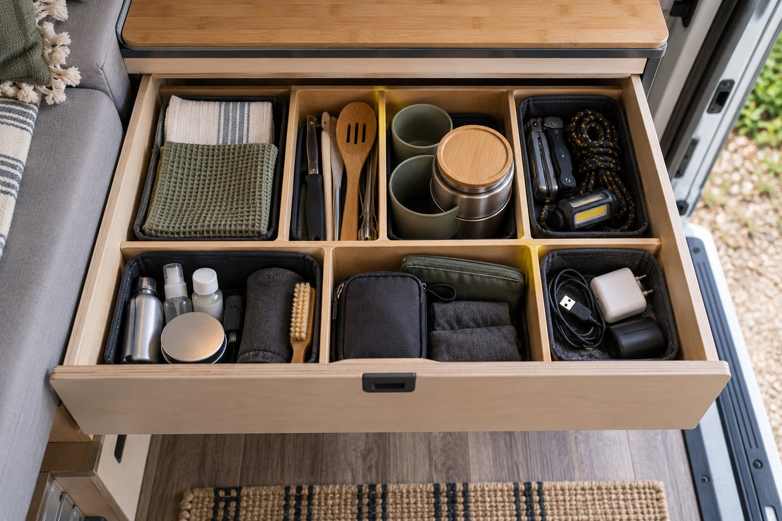 Organised small items in an open campervan drawer