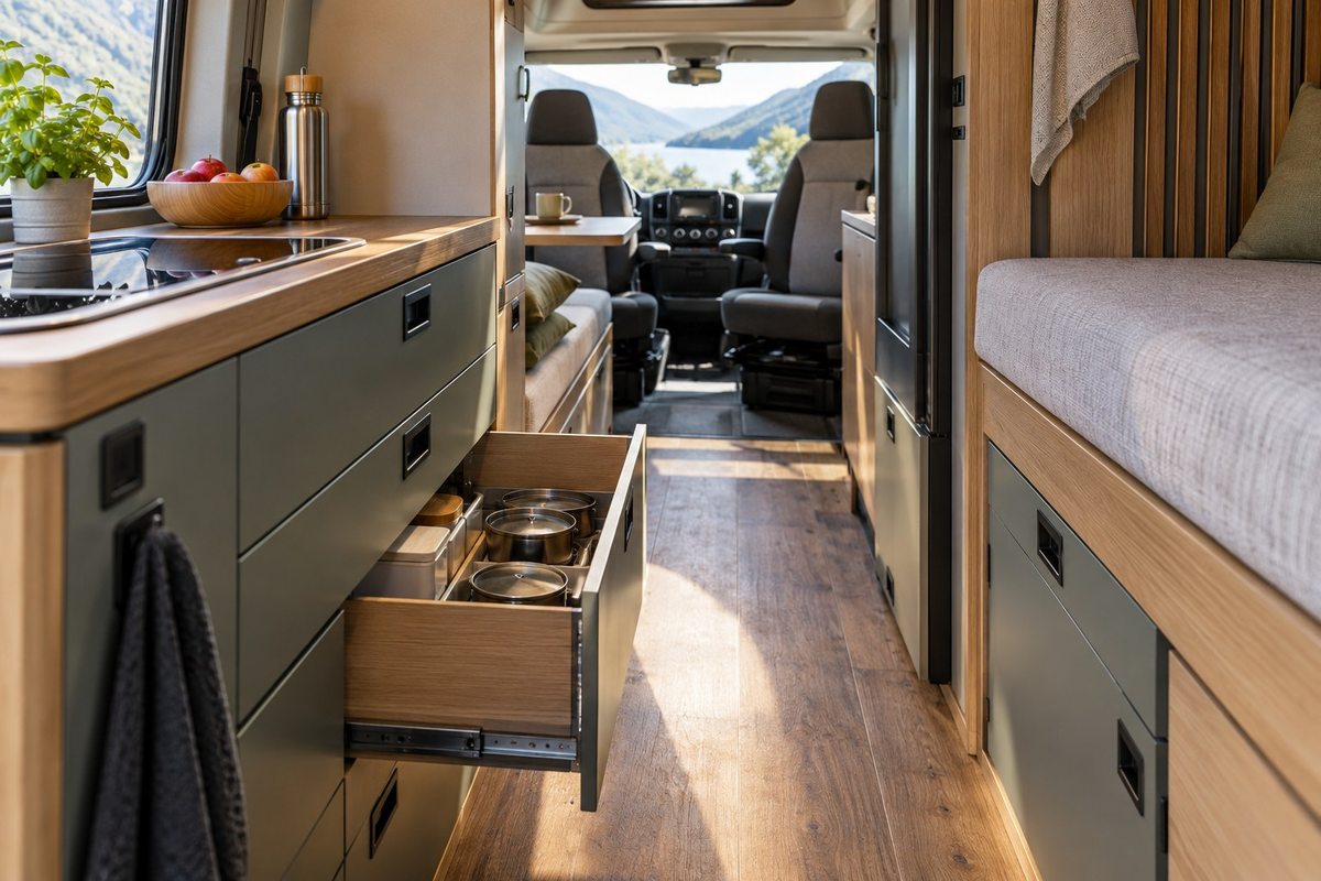 Campervan kitchen with a storage drawer extended