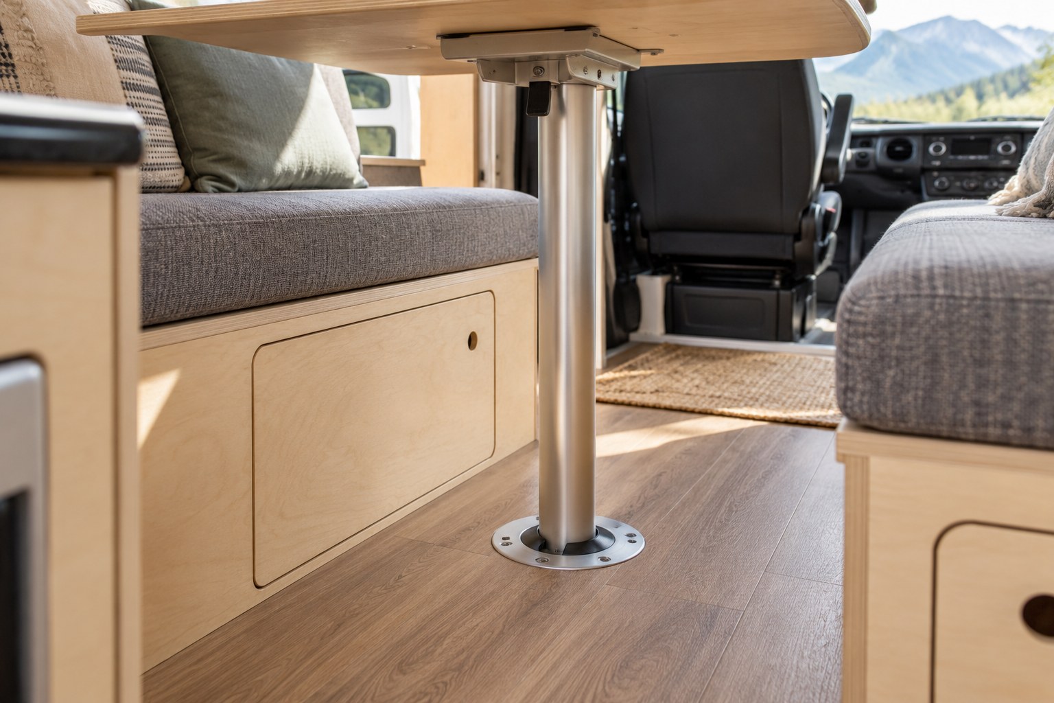 Table pedestal and floor socket beside a campervan bench