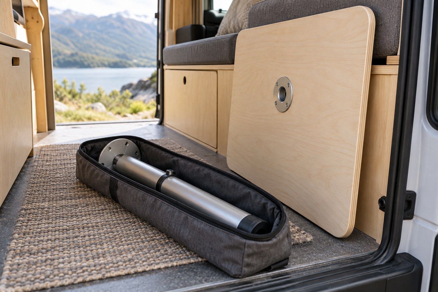 Removable table leg and protected tabletop stored inside a van