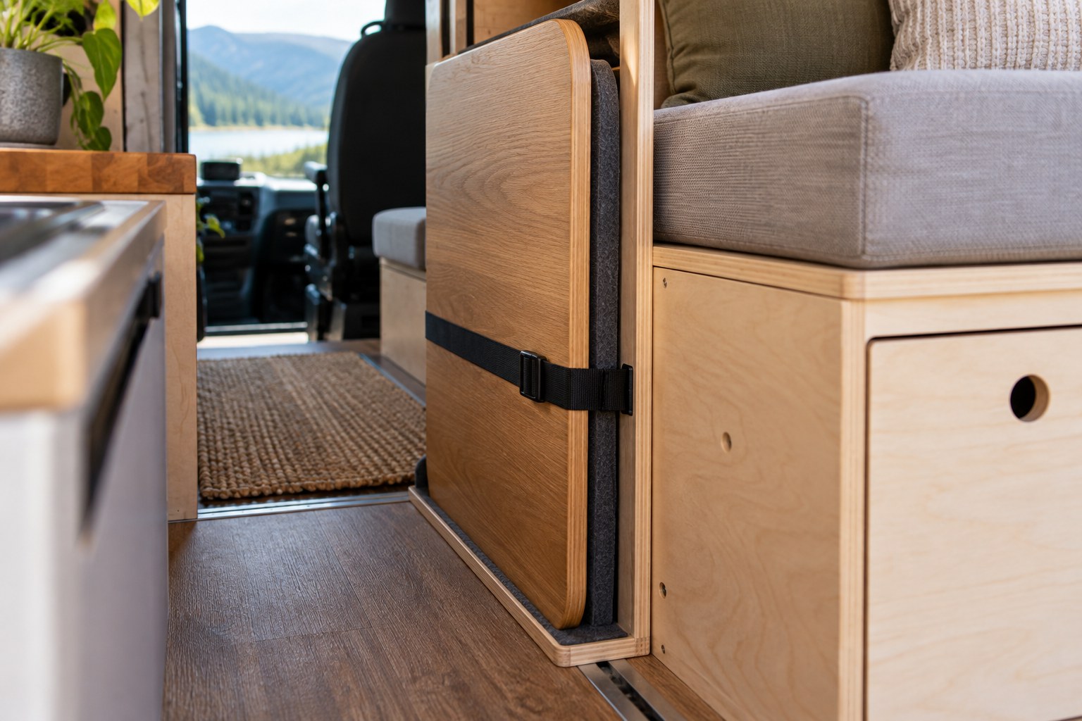 Campervan tabletop retained vertically beside a bench