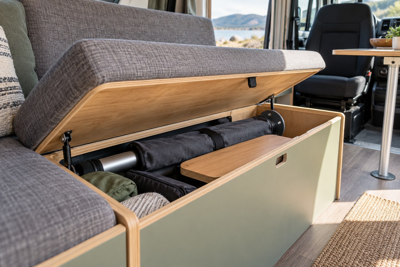 Table leg in a protective sleeve inside a campervan bench
