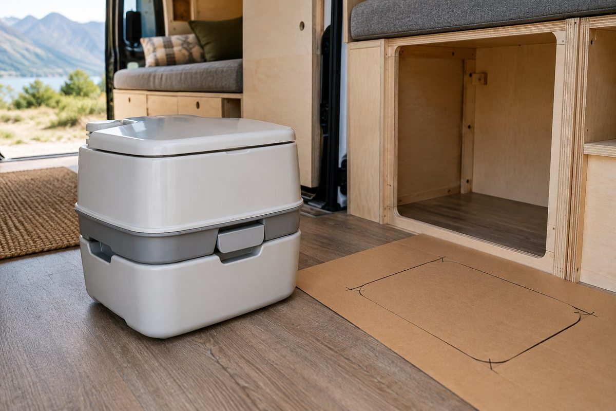 Portable toilet beside an open storage compartment