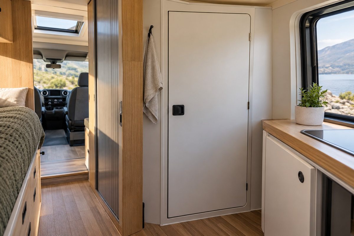 Campervan washroom door beside a clear aisle