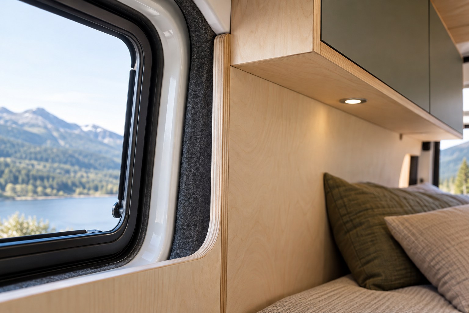Wall lining meeting a campervan window and overhead cupboard