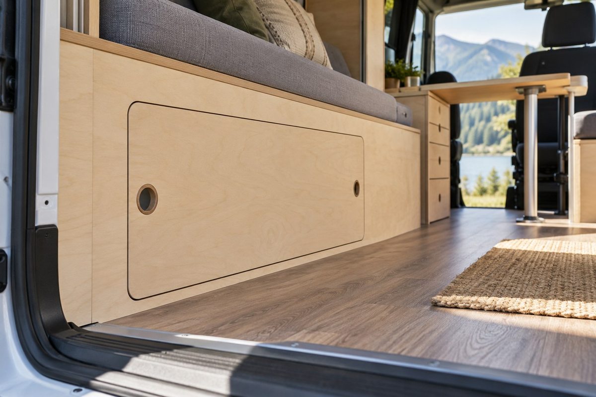 Low access panel beside a campervan entrance