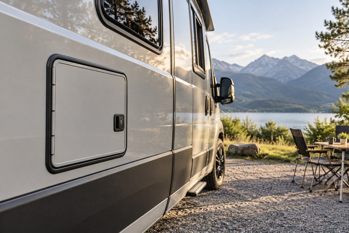 Exterior service hatch on a campervan body