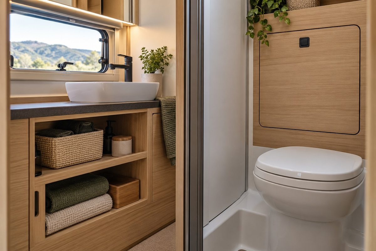 Toilet beside accessible washroom shelving