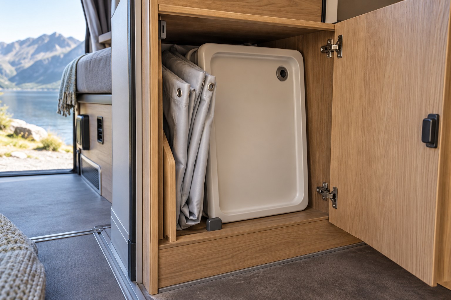 Shower tray and curtain stored in a campervan cupboard