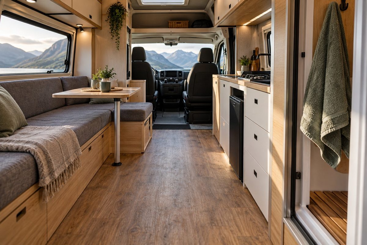 Clear campervan living space with a towel hanging to dry