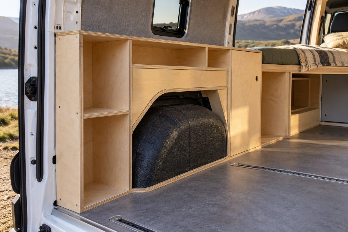 Plywood storage module fitted around a van wheel arch