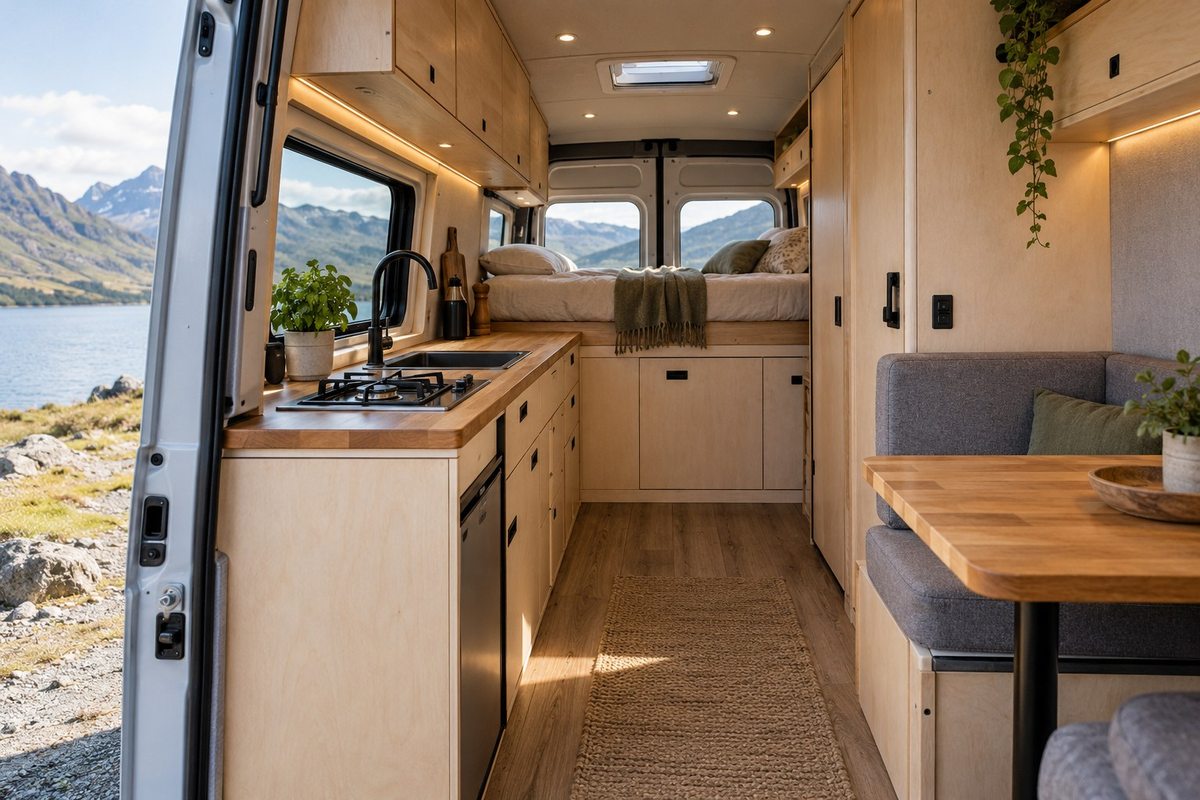 Campervan kitchen and seating beside an open side door