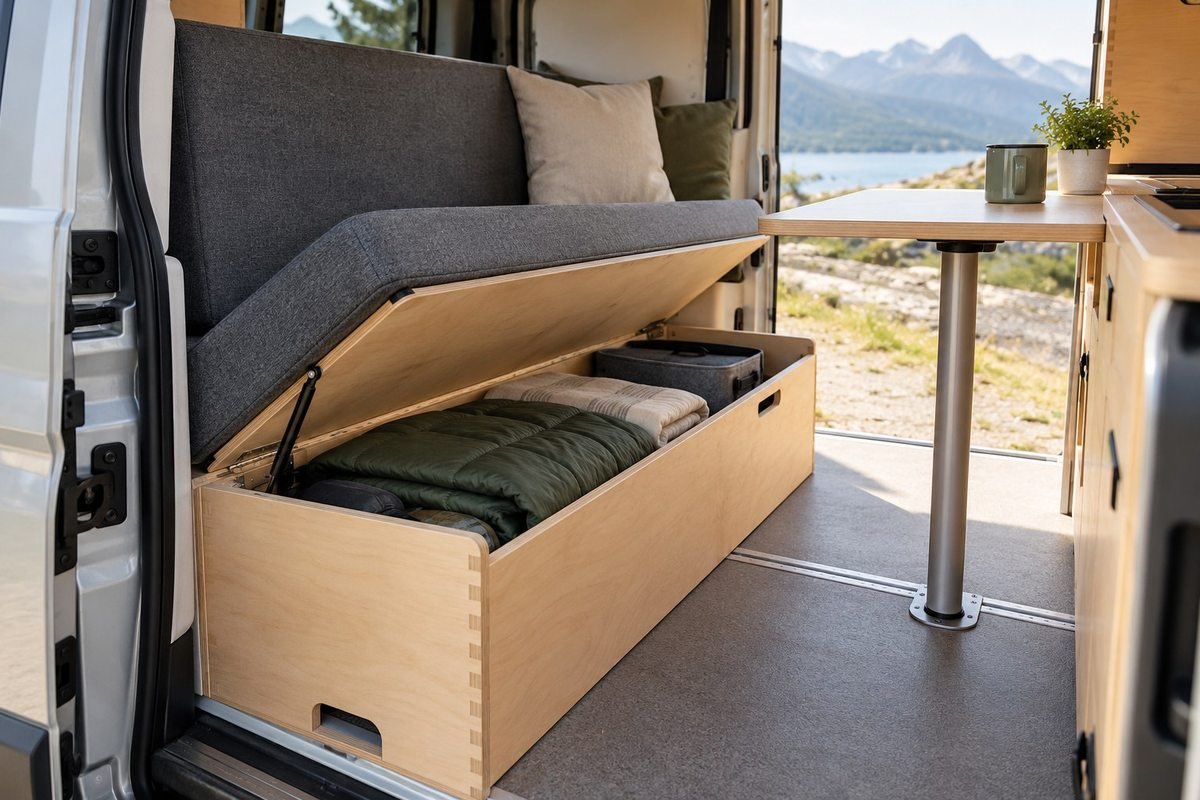 Storage beneath a campervan bench with the lid raised