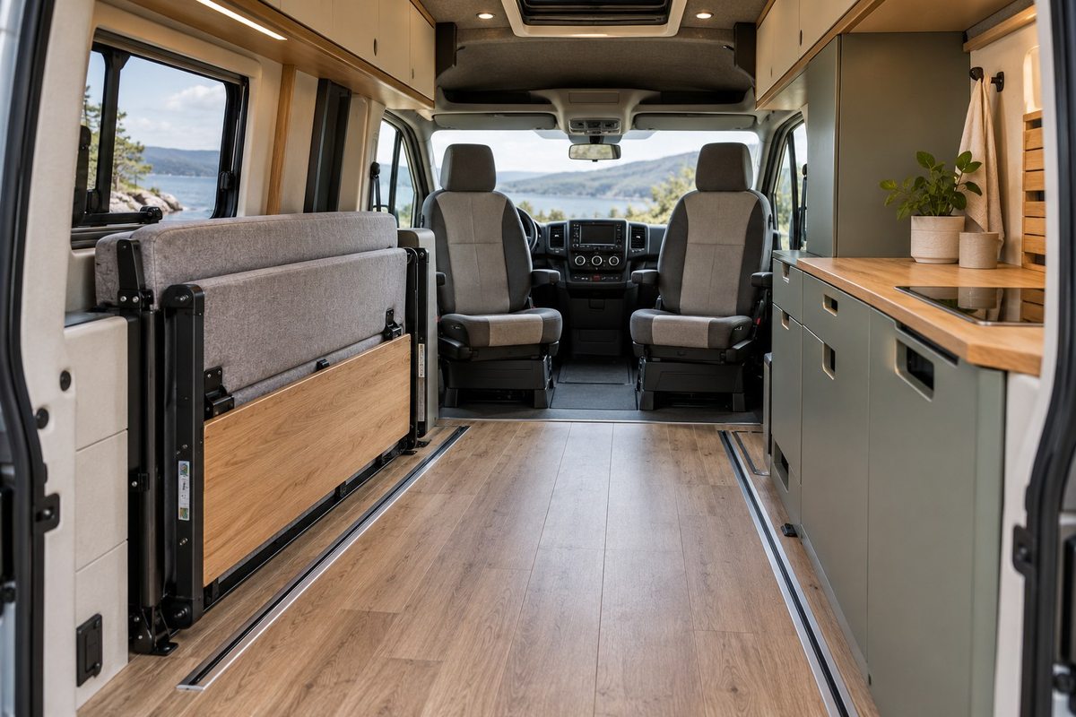 Clear aisle between compact campervan furniture modules