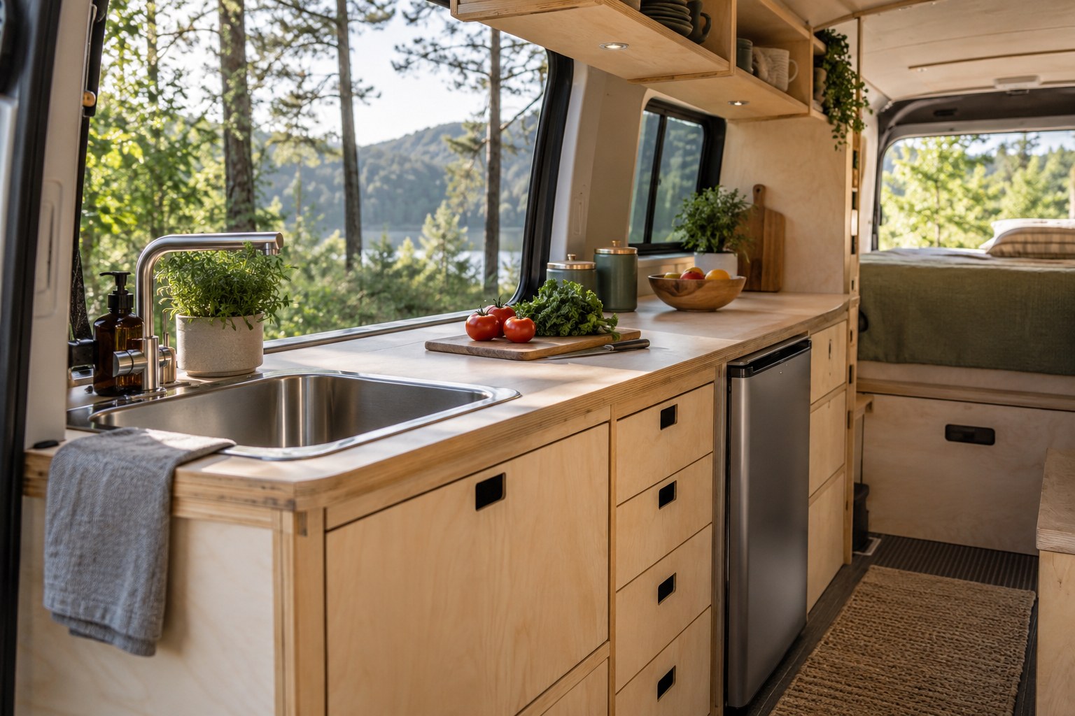 AI-generated concept of a plywood campervan kitchen with a sink and clear preparation area