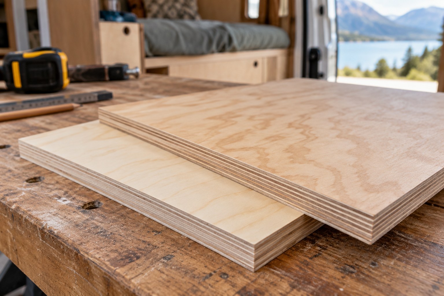 Two plywood samples with visible layered edges
