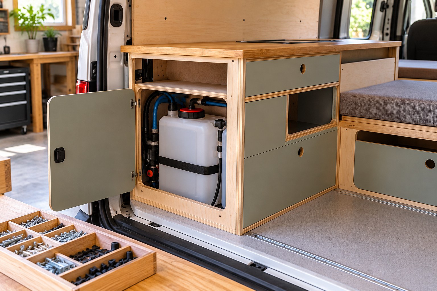 Partly assembled campervan cabinet with an accessible service opening