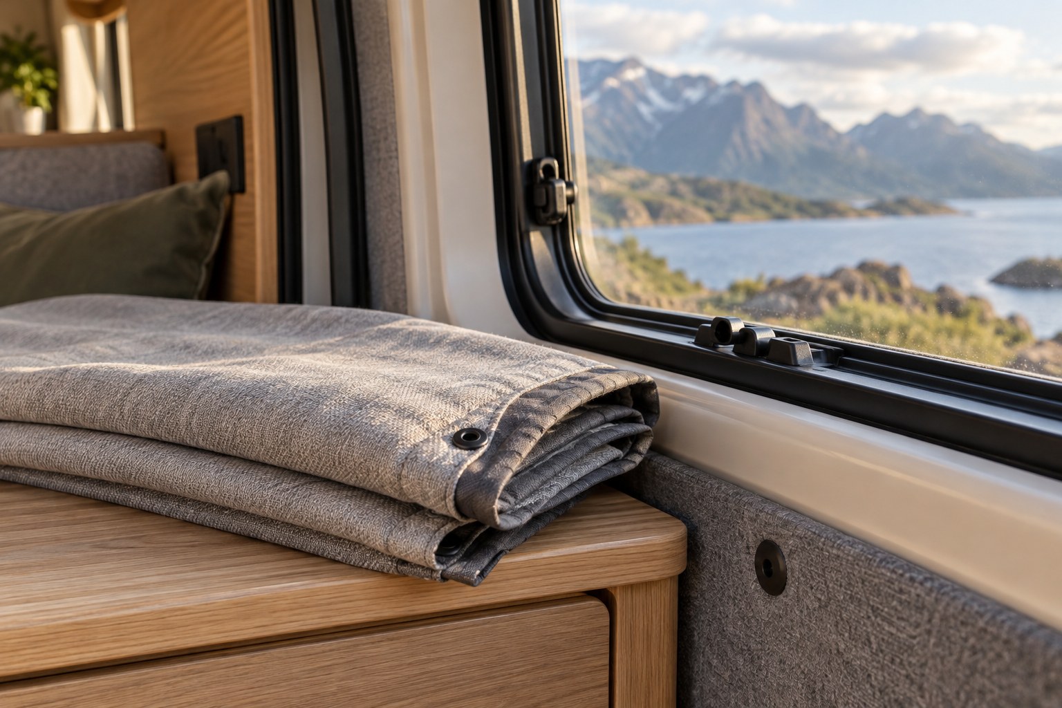Folded window cover beside a campervan window