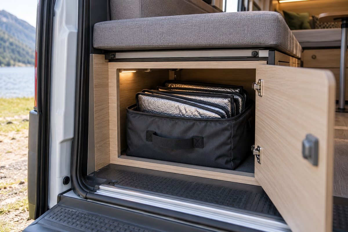 Window covers stored in a bag beneath a campervan bench