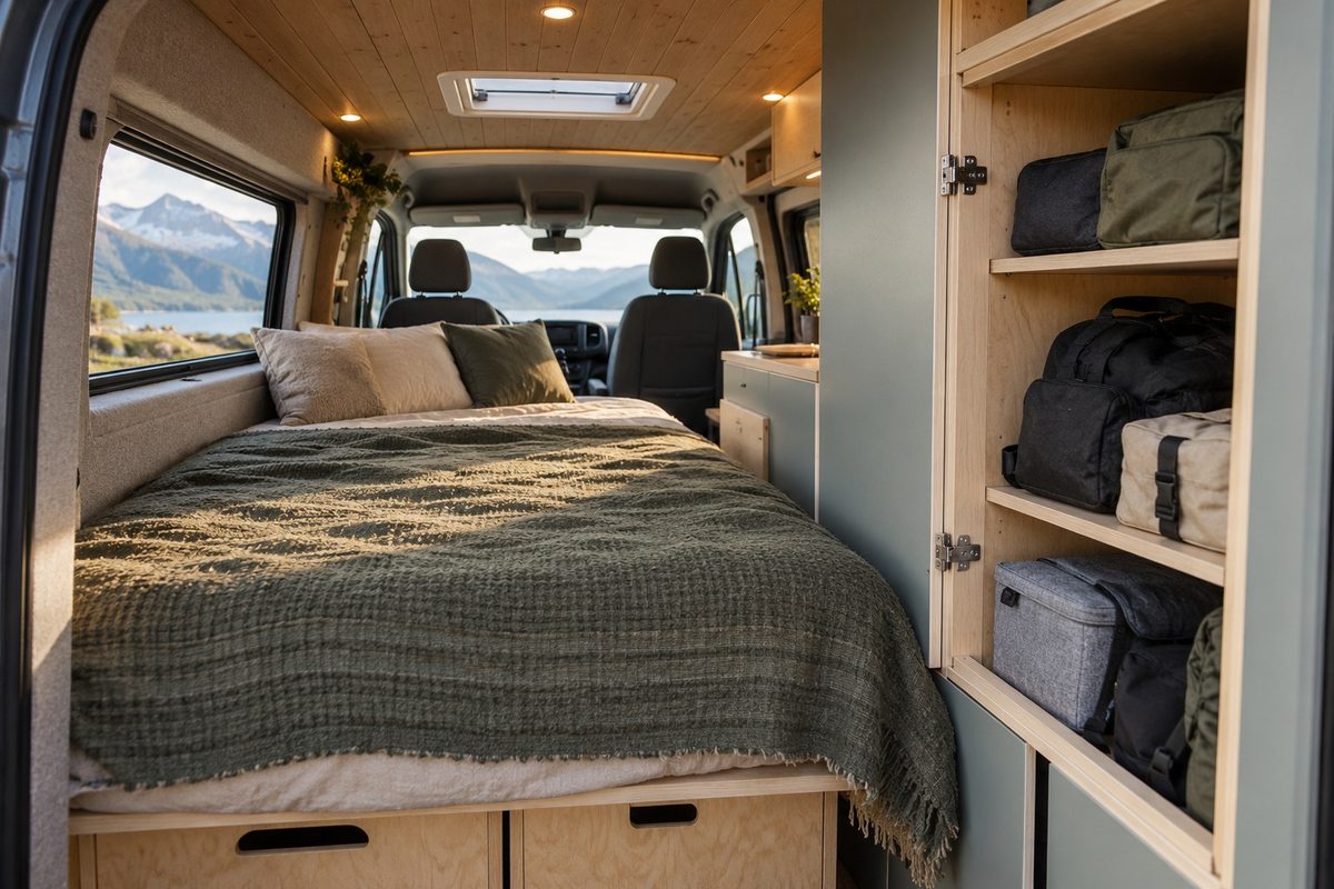 Raised bed and storage in a compact campervan
