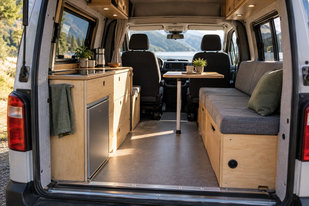 Compact campervan dining area viewed through rear doors