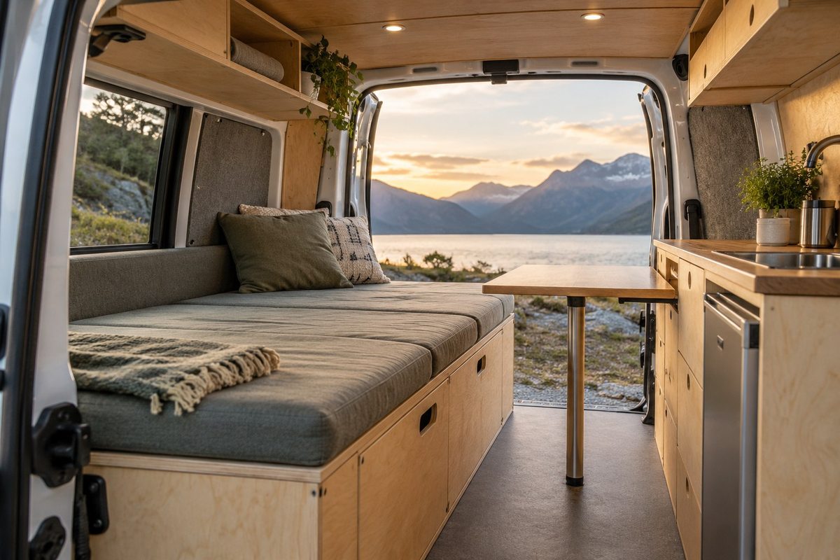 Small campervan interior with plywood storage and seating