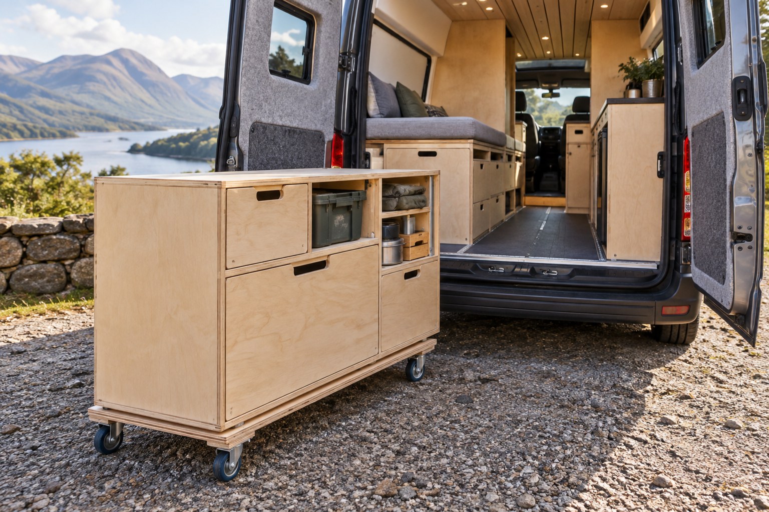 Campervan furniture module on a workshop dolly behind an open van