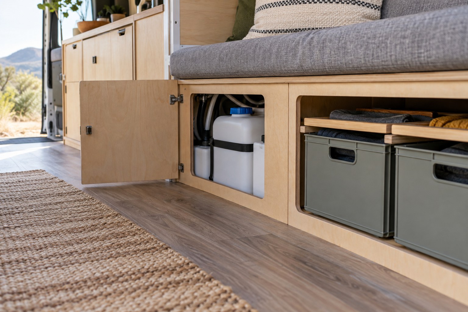Accessible lower cupboard and storage boxes in a modular campervan