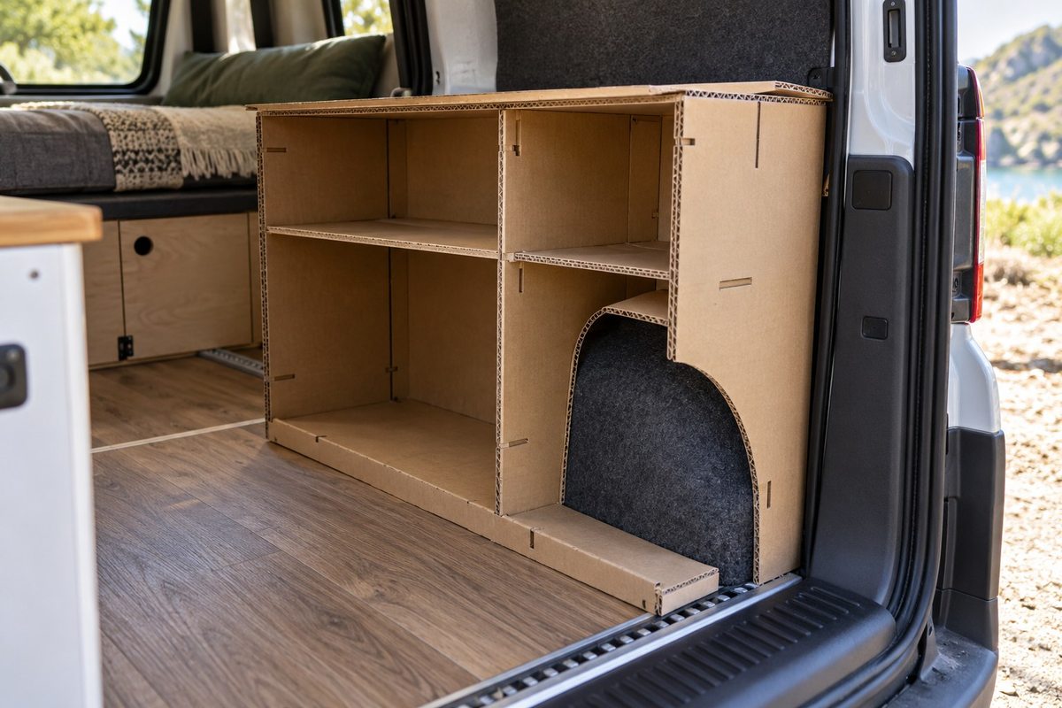Open plywood storage module beside a van wheel arch