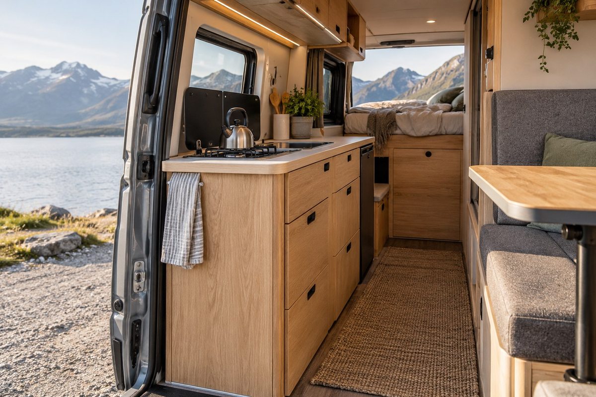 Compact campervan kitchen and seating area
