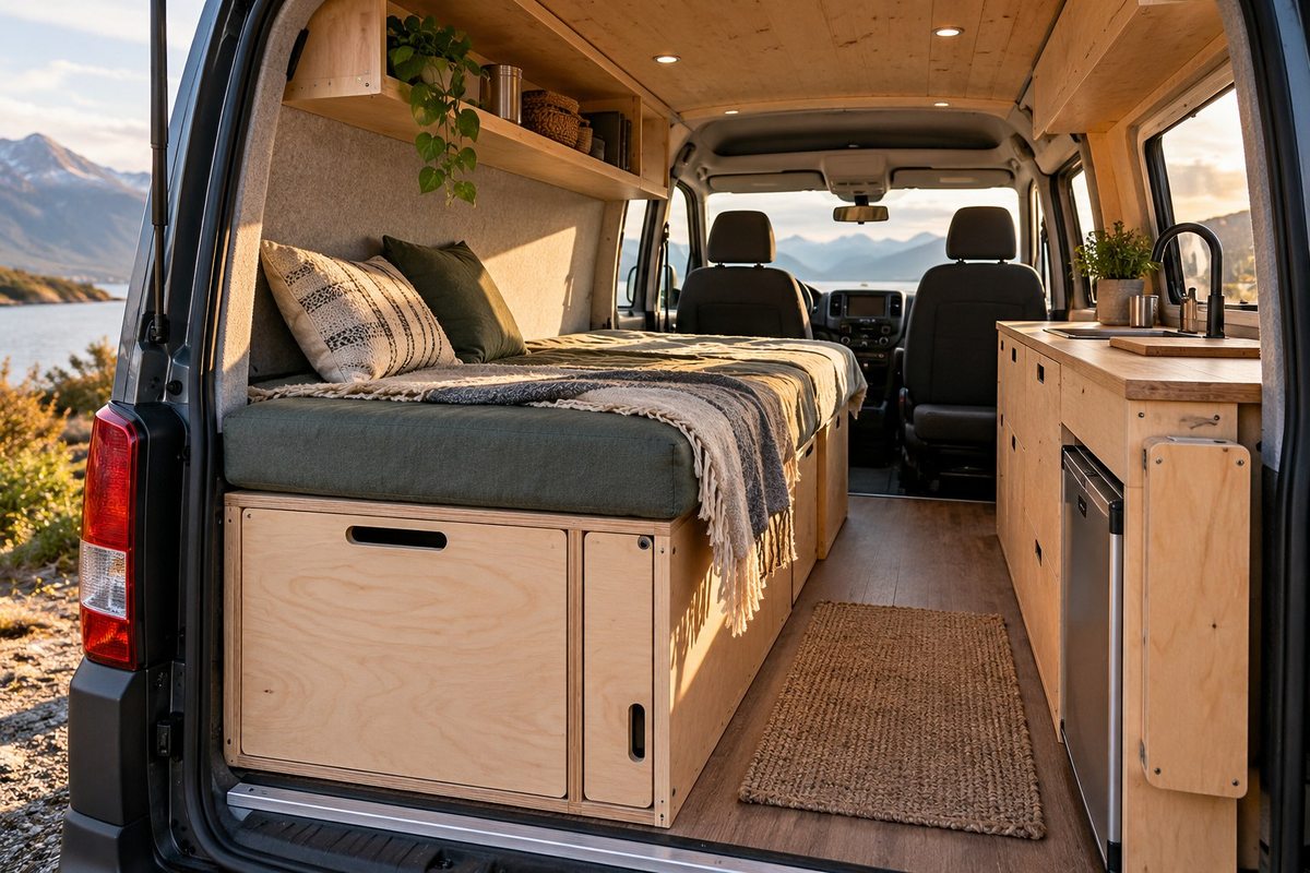 Compact van interior with kitchen and sleeping platform