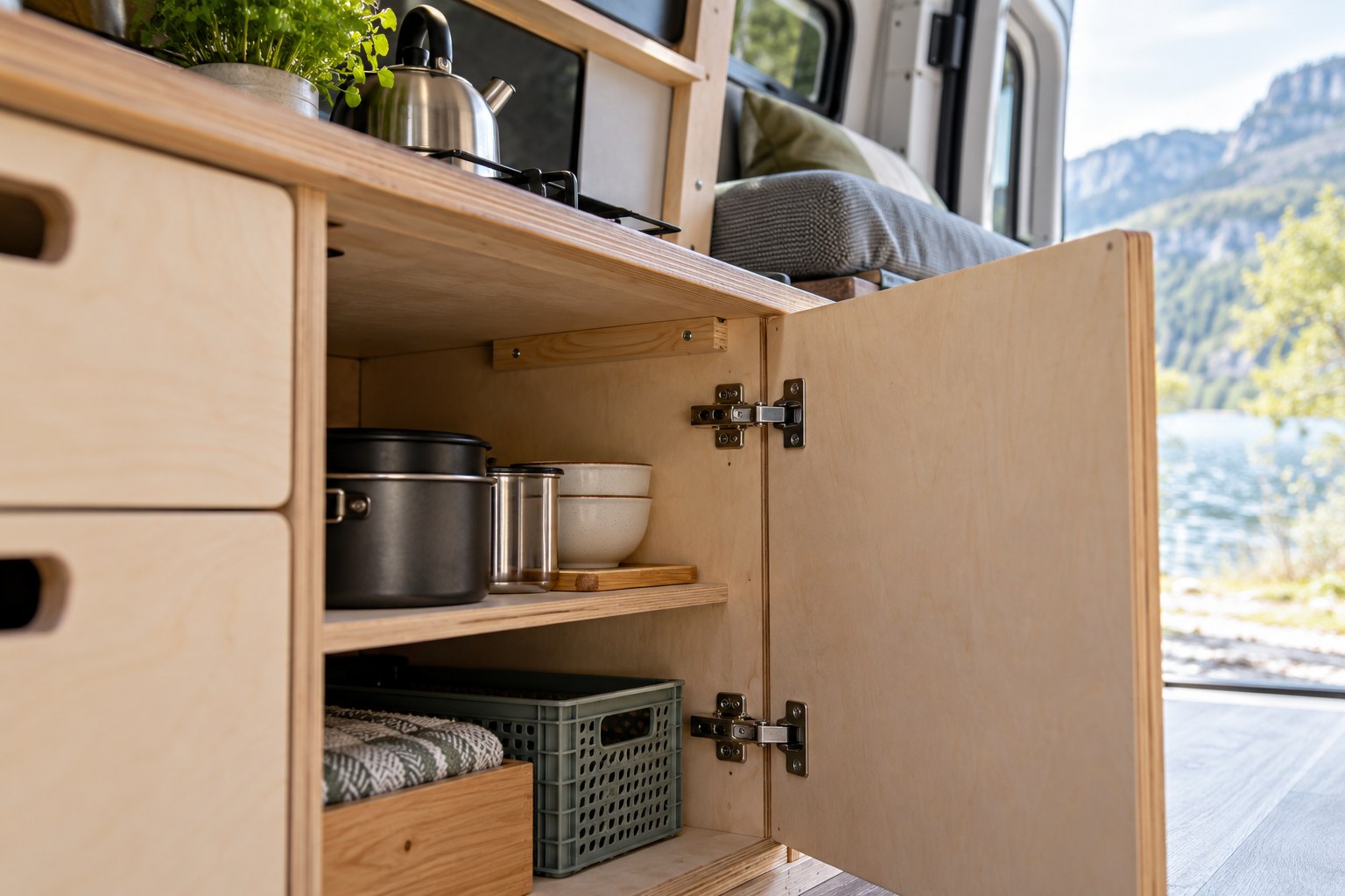 Open used camper cupboard showing its worktop underside and hinge