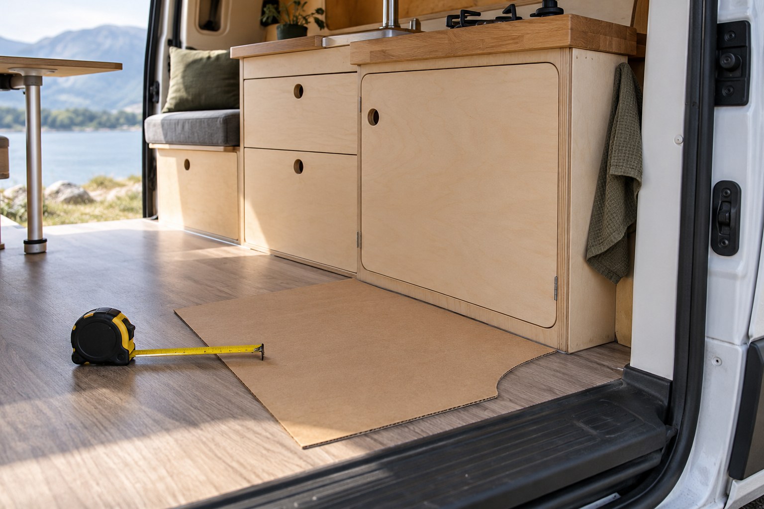 Used campervan kitchen unit beside a measurement template