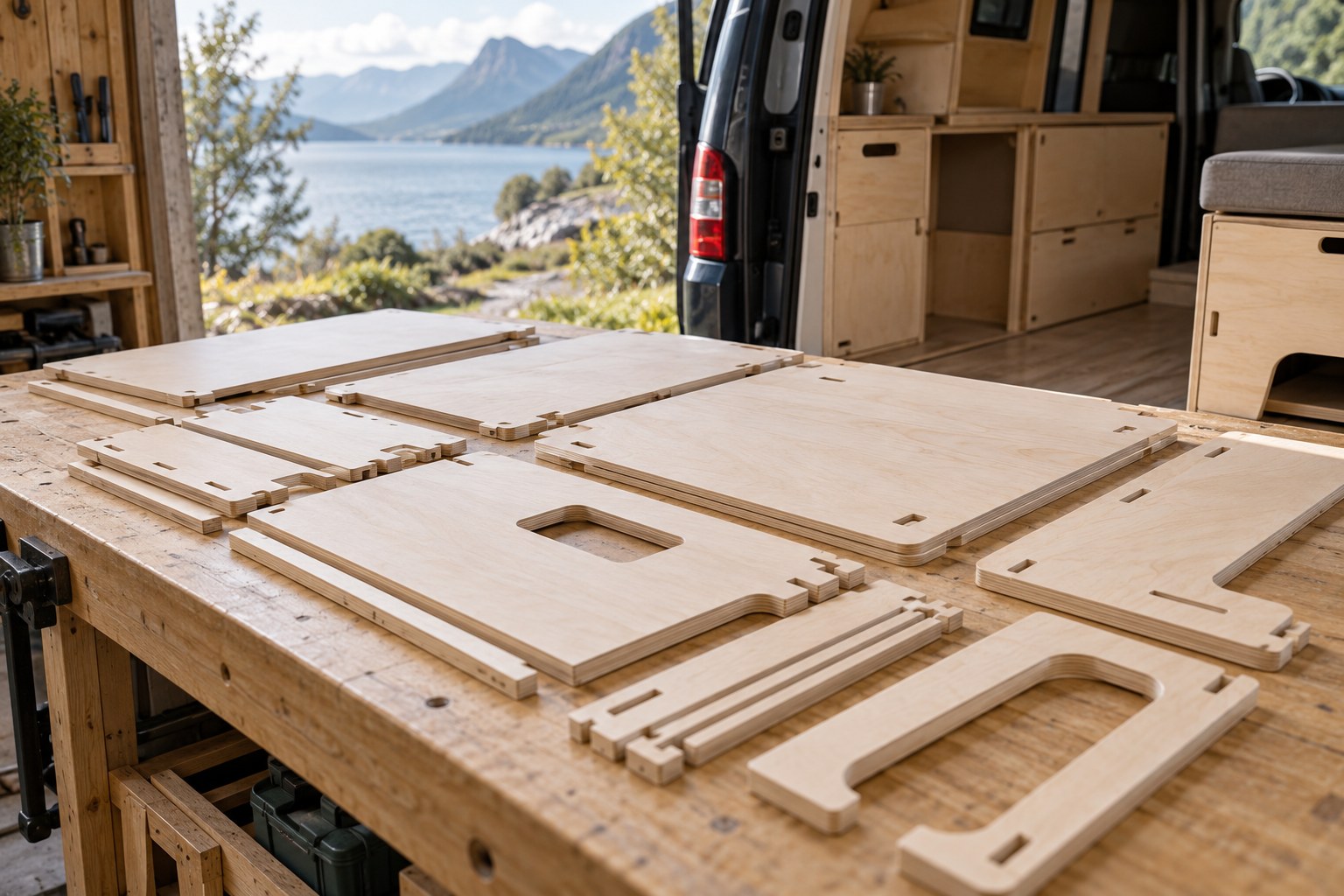 Plywood furniture components laid out on a workshop bench