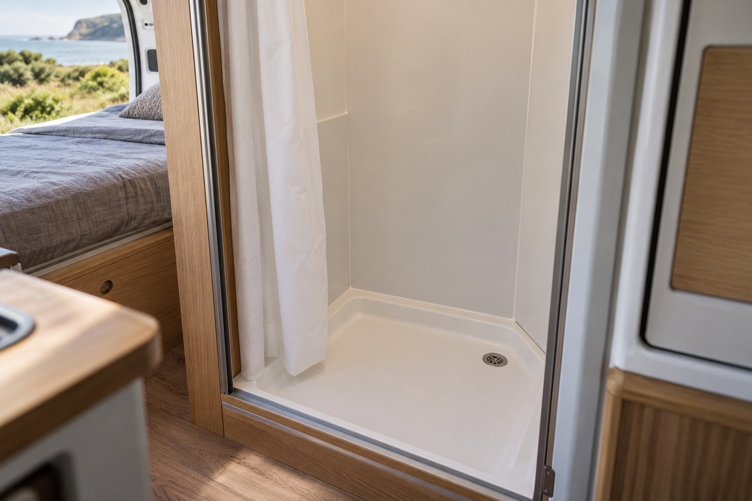 Campervan shower tray and enclosure entrance