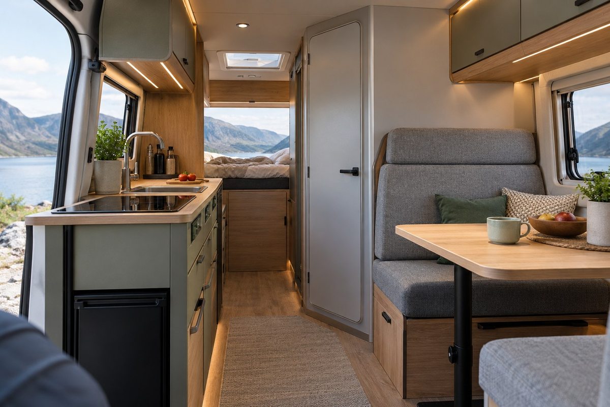 Van interior balancing a wash compartment and seating