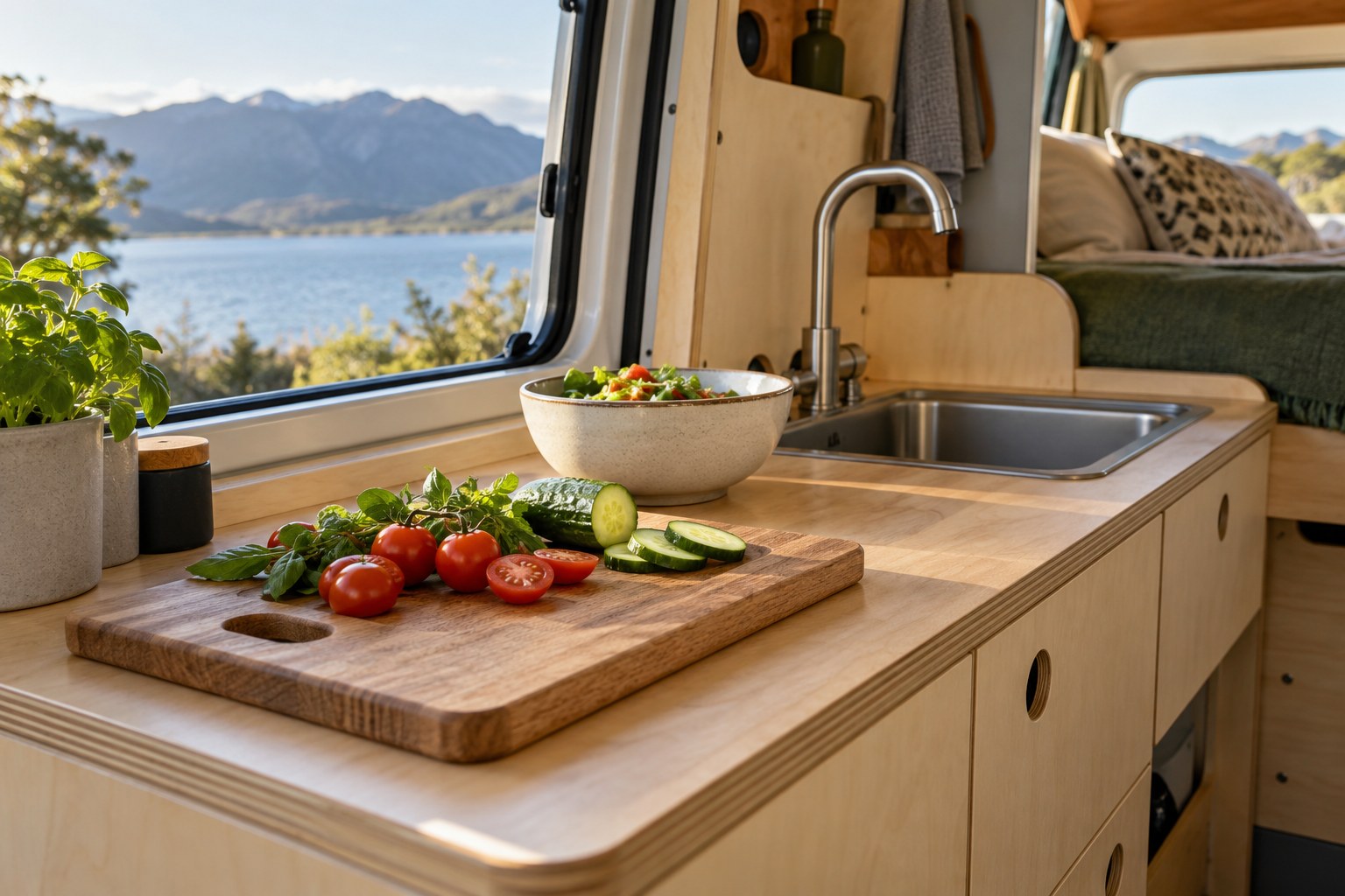 Chopping board and ingredients beside a compact van sink