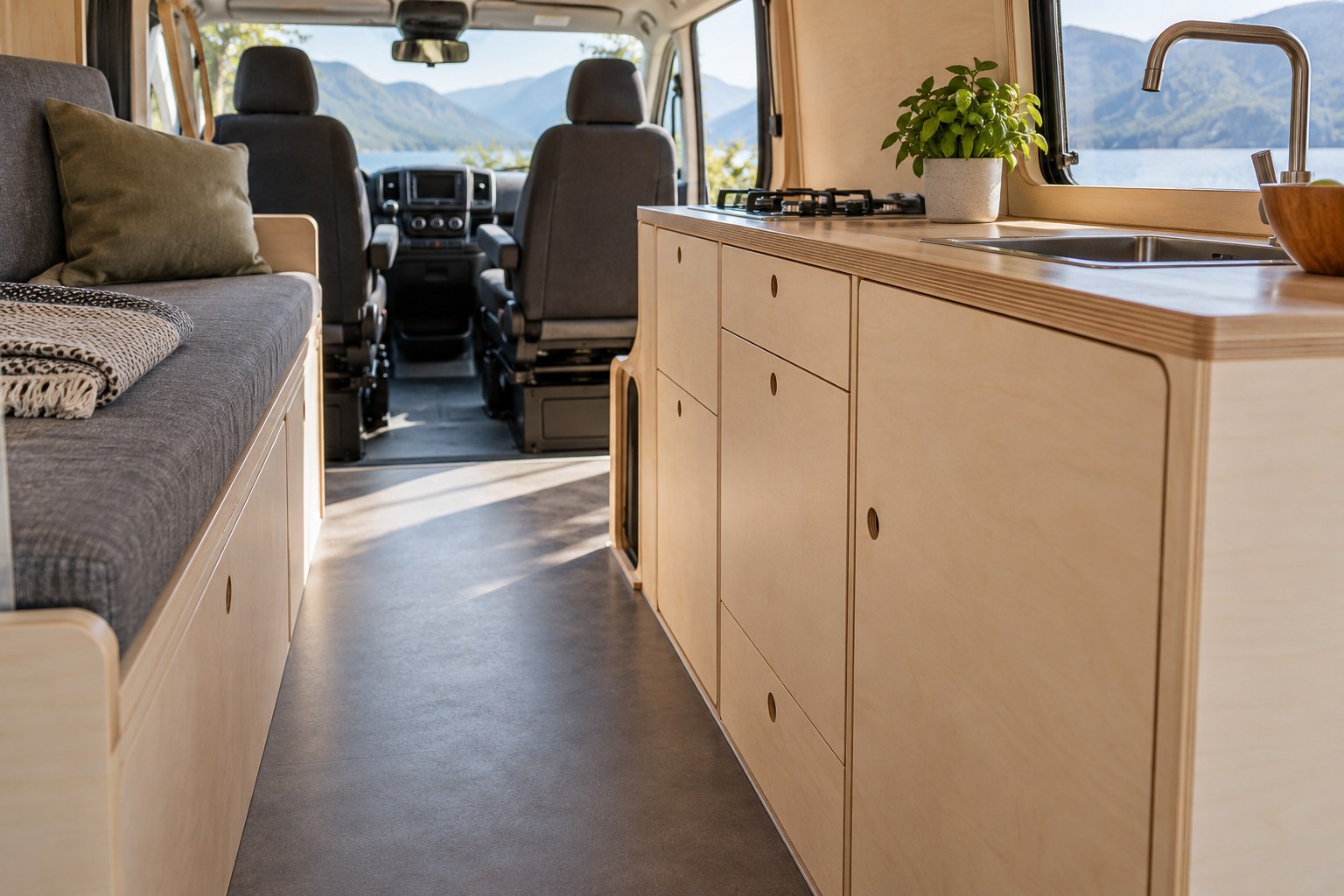 Slim campervan kitchen beside a clear standing area