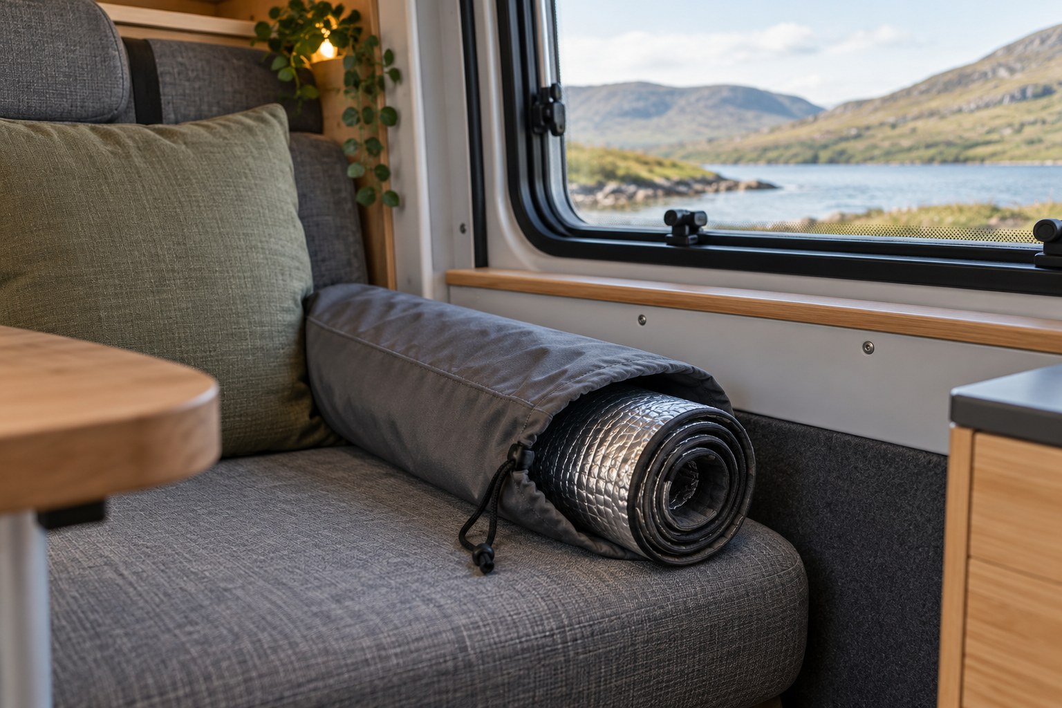 Rolled window cover on a campervan bench