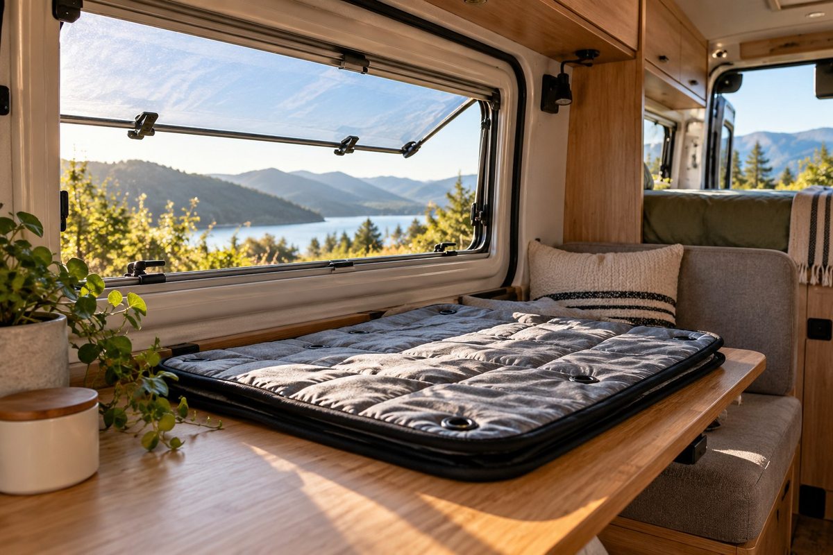 Window cover laid flat on a campervan table